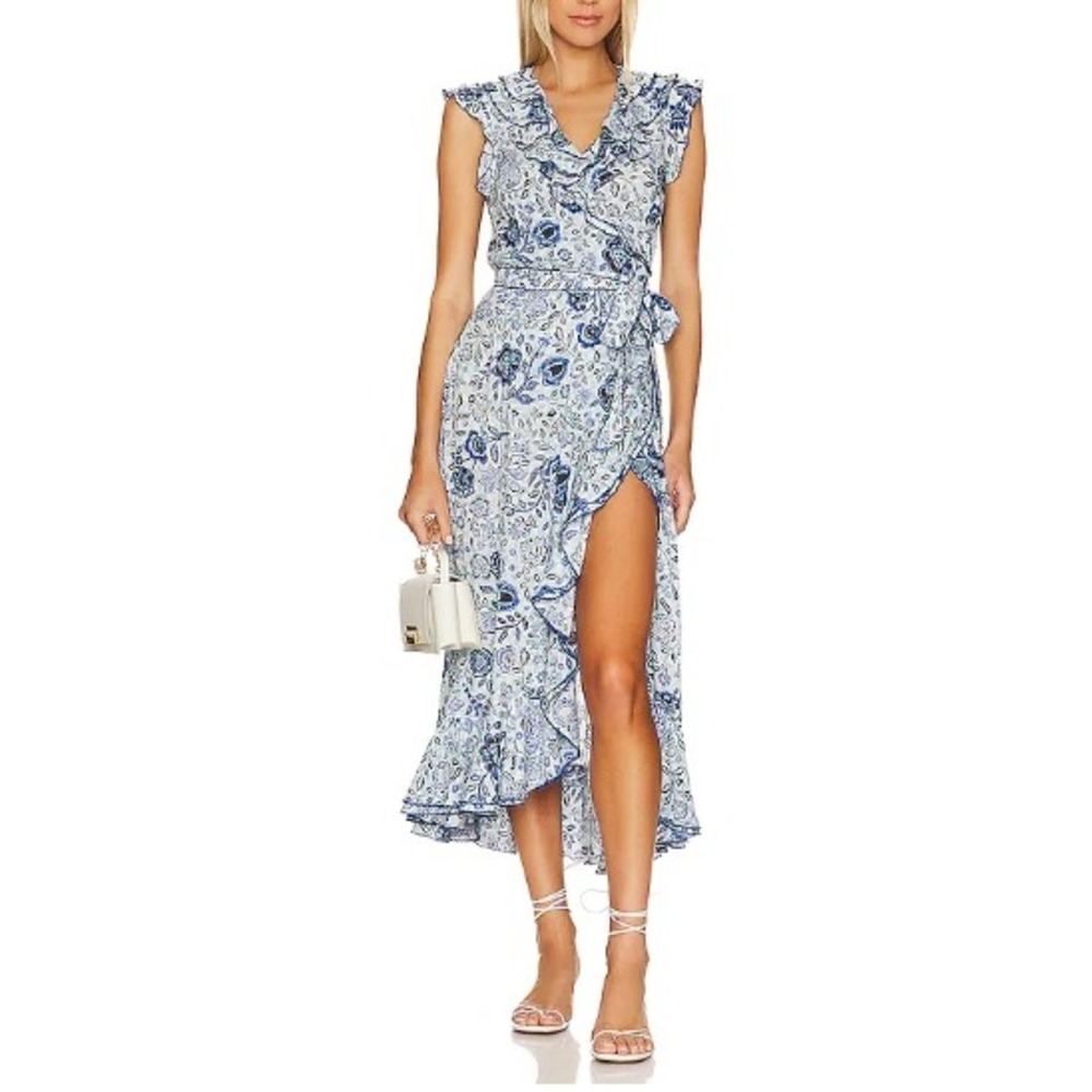 Poupette St Barth Aude Midi Dress Blue Pensee Floral Ruffle Wrap W4DR23MBPSL